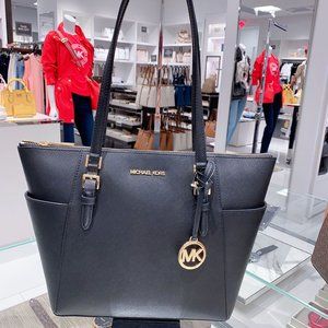 MK CHARLOTTE LG TOP ZIP TOTE BLACK/GOLD